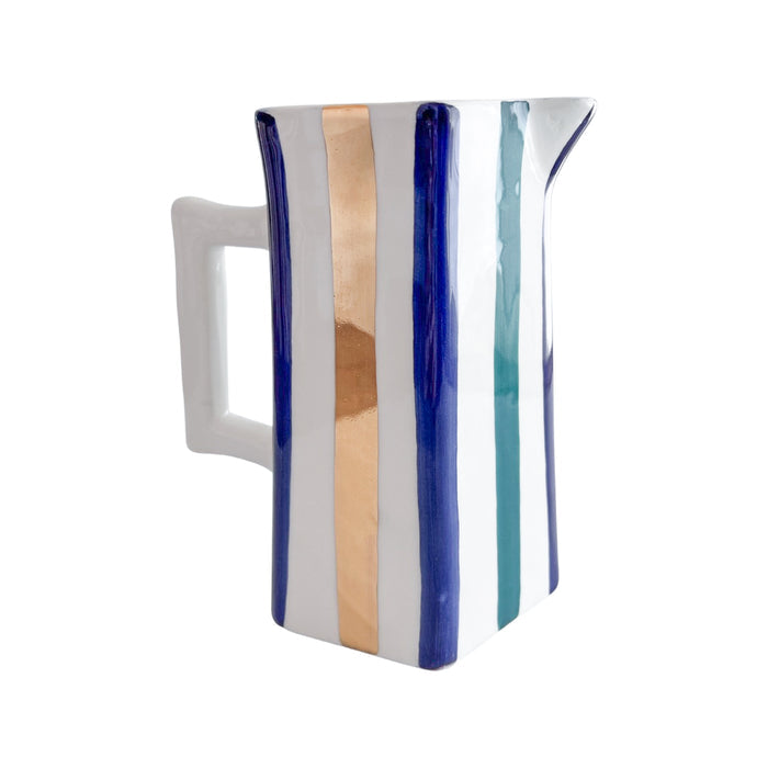 handmade Moroccan hexagon pitcher with blue green gold stripe pattern