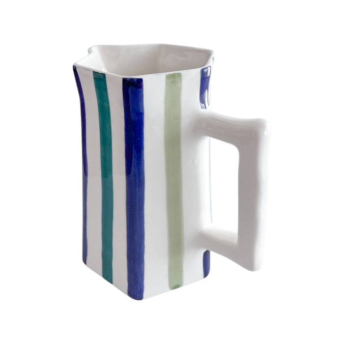 handmade Moroccan hexagon pitcher with blue green gold stripe pattern
