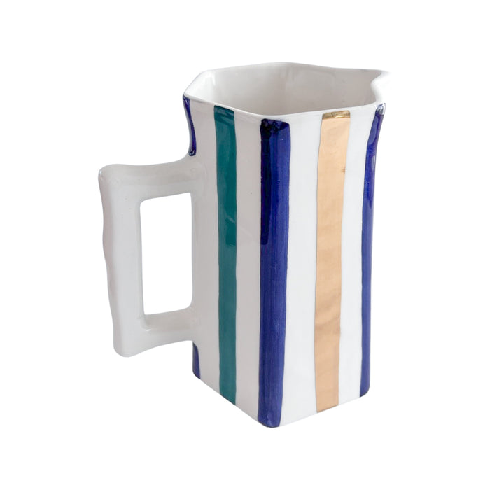 handmade Moroccan hexagon pitcher with blue green gold stripe pattern