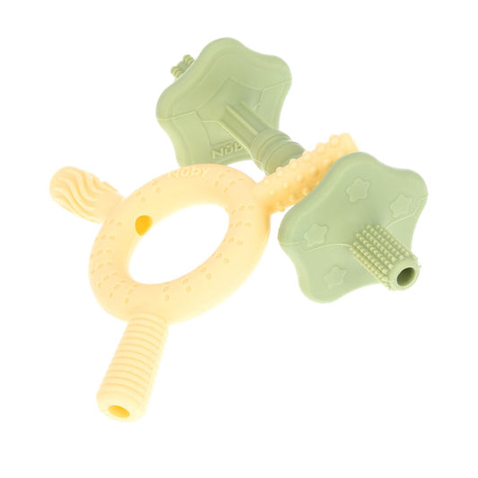 The Nuby Hollow Sensory Tube Teethers in green/yellow feature a circular handle, massaging bristles, and three star-shaped, textured extensions for chewing and sensory play, providing soothing teething relief for babies.