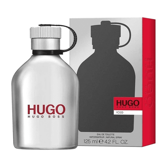 Hugo Boss Hugo Iced Eau de Toilette 125ml perfume bottle with sleek design and silver accents, standing upright.