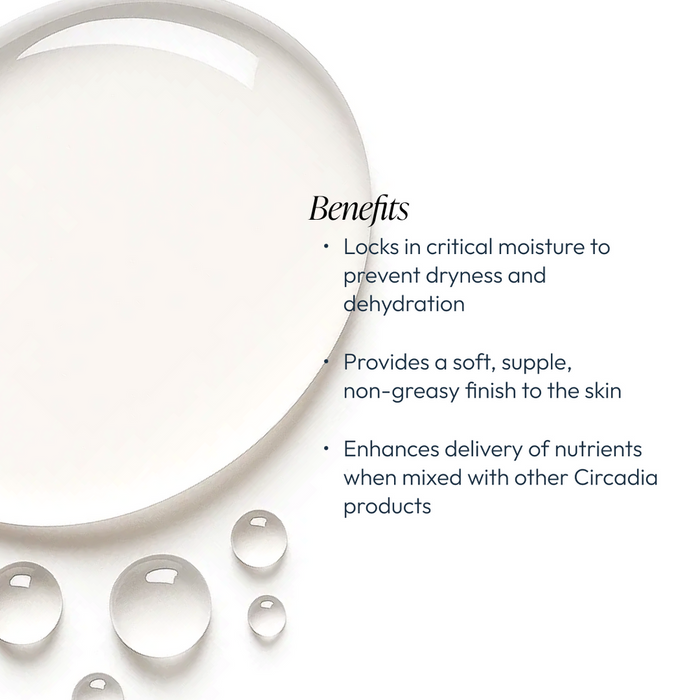 Close-up of clear skincare oil droplets on a white surface with text describing benefits: locks in moisture to prevent dryness, provides a soft non-greasy finish, and enhances nutrient delivery when mixed with other Circadia products, highlighting Hydralox | Circadia.