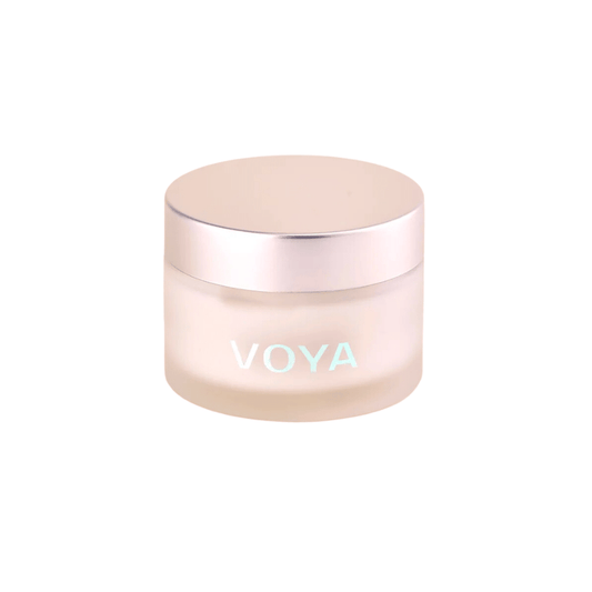 Glass jar with a metallic lid containing Hydraveil Hydrating Face Mask | VOYA, designed for skincare and hydration.
