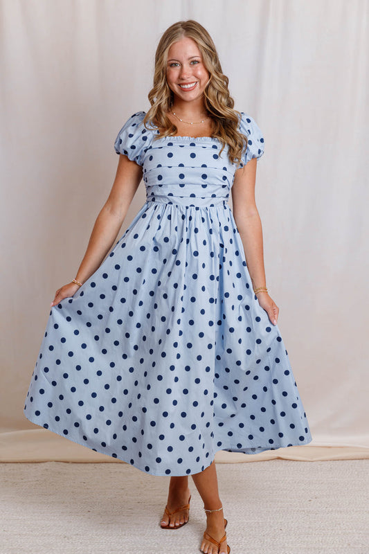 Blue and Navy Polka Dot Midi Dress - Women's Square Neck Puff Sleeve Cotton Dress