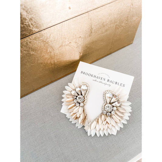 Ivory Gold Ombré Beaded Crystal Winged Statement Earrings