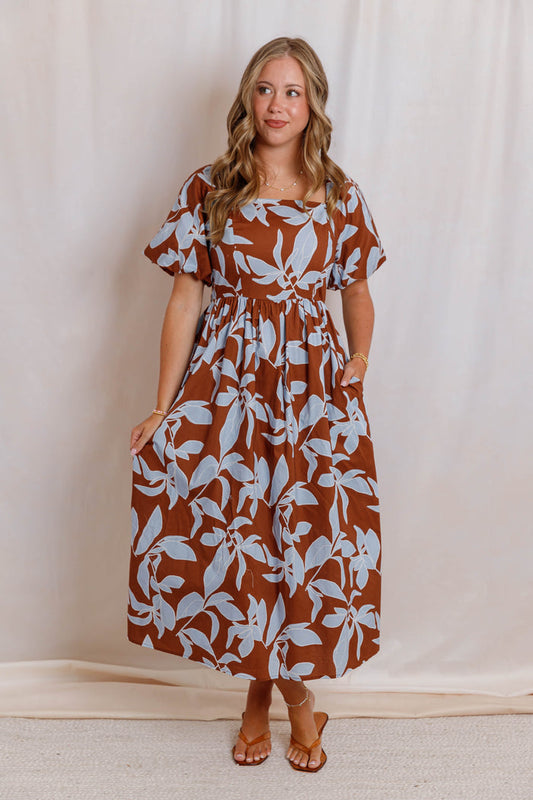 Rust Brown and Blue Floral Midi Dress - Women's Square Neck Puff Sleeve Smocked Back Dress