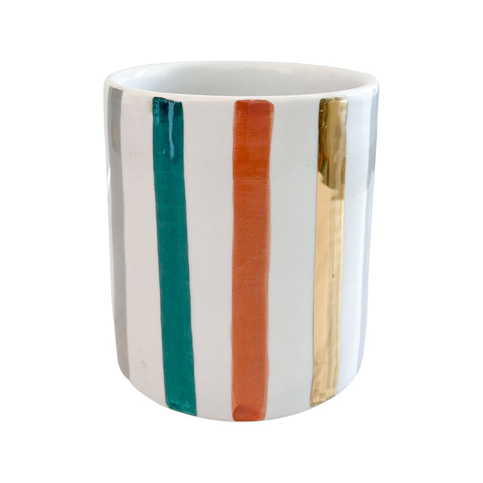 handmade handcrafted painted glazed striped Moroccan pottery round vase orange green gray gold