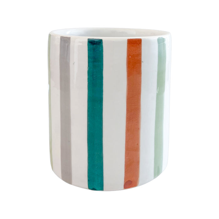 handmade handcrafted painted glazed striped Moroccan pottery round vase orange green gray gold