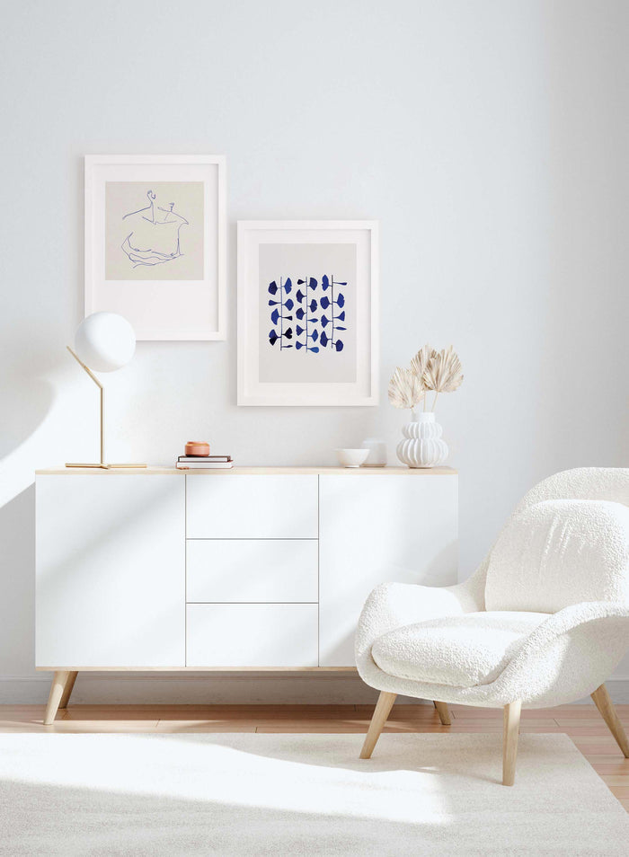 Leafy Curtains is a minimalist illustration by Opposite Wall of a blue thin plant with fan-like leaves coming out of them.