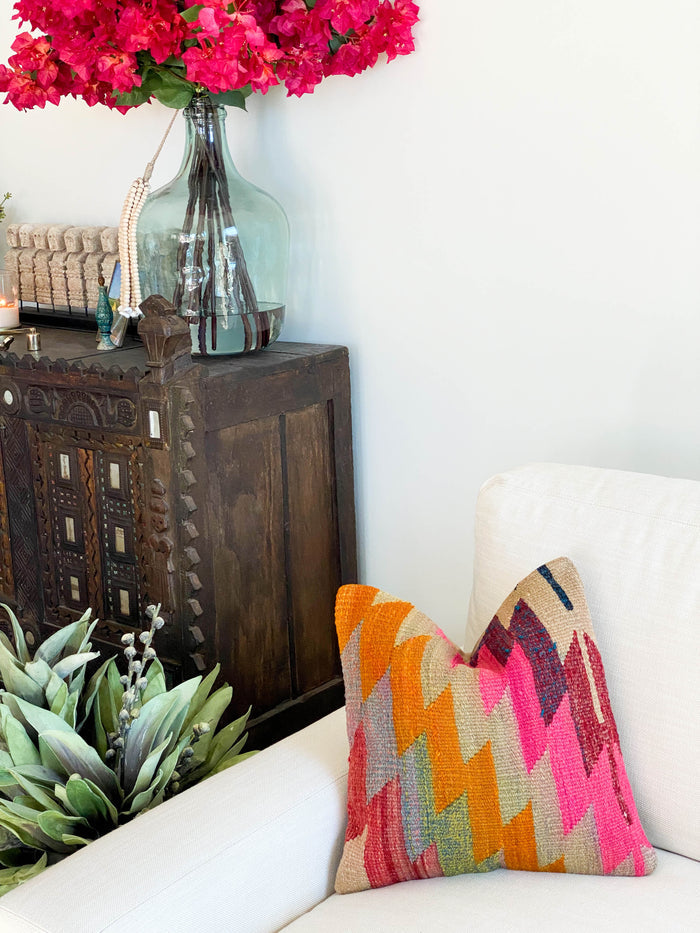 Lenora traditional Handmade Turkish kilim pillow cover made with vintage rugs 16x16 stripe