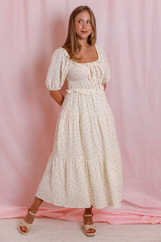 Women's Bow Print Midi Dress- Cream Floral Cotton Dress- Cottagecore Midi Dress