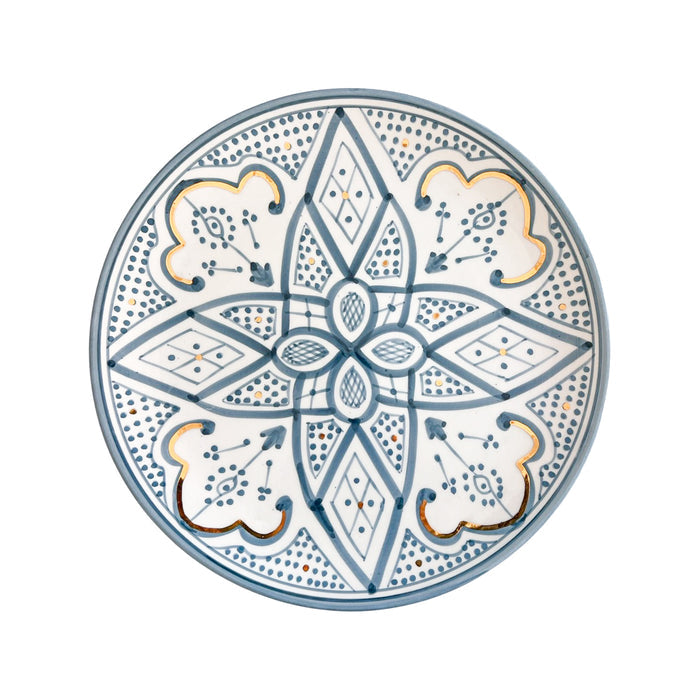 blue patterned motif handmade moroccan plate with gold detail