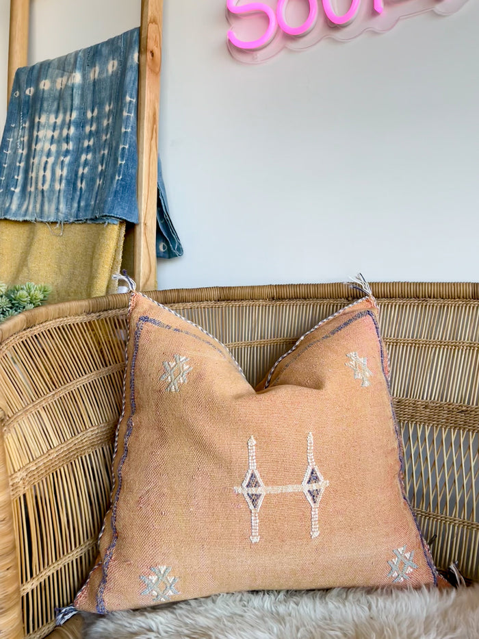 Artisanal Handmade Moroccan embroidered cactus silk sabra lumbar pillow orange handwoven boho eclectic decor