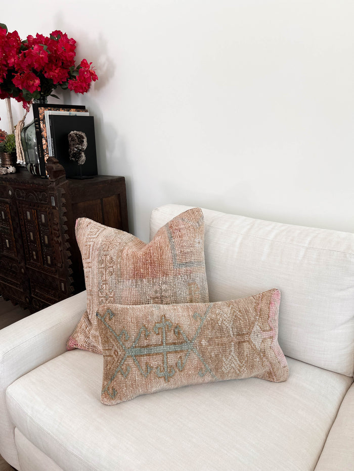 Handmade traditional Turkish oushak pillow cover made with vintage rugs 12x24 pastel