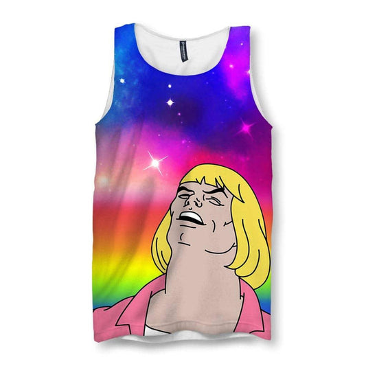 A stylized, thick-lined cartoon depicts a muscular 80s barbarian with a canary yellow bob and rose-pink tunic singing in passionate ecstasy (eyes closed, mouth agape). Contact us with accessibility feedback, we'd love to help!
