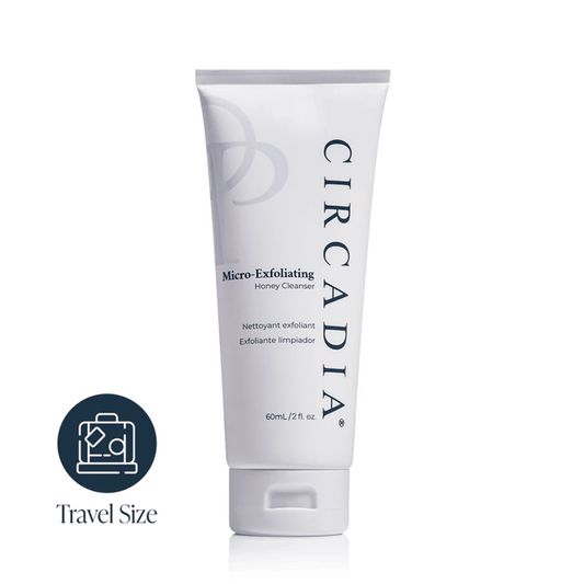 Tube of Micro-Exfoliating Honey Cleanser - 2 oz | Circadia in white packaging with dark blue text, shown as a travel size skincare product.