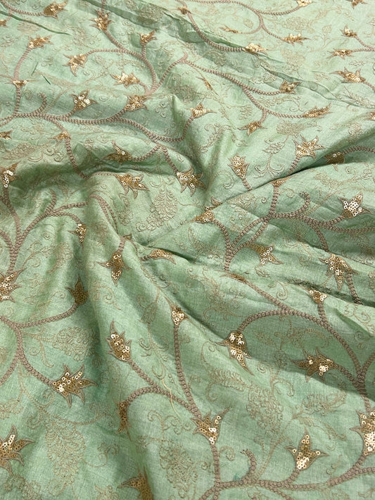 Mint green embroidered munga tussar fabric