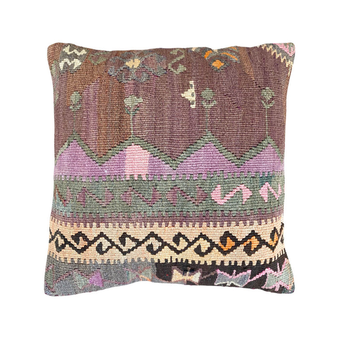 Handmade traditional Turkish kilim pillow cover made with vintage rugs 18x18 green brown purple