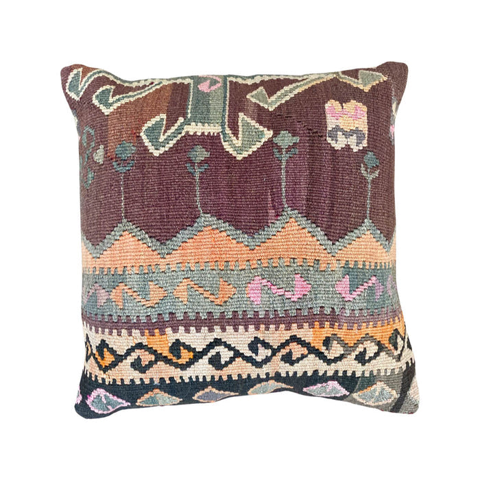 Handmade traditional Turkish kilim pillow cover made with vintage rugs 18x18 green brown orange