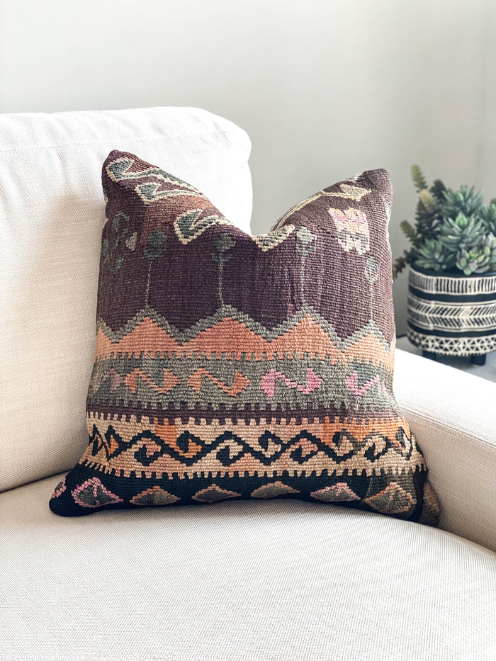 Handmade traditional Turkish kilim pillow cover made with vintage rugs 18x18 green brown orange