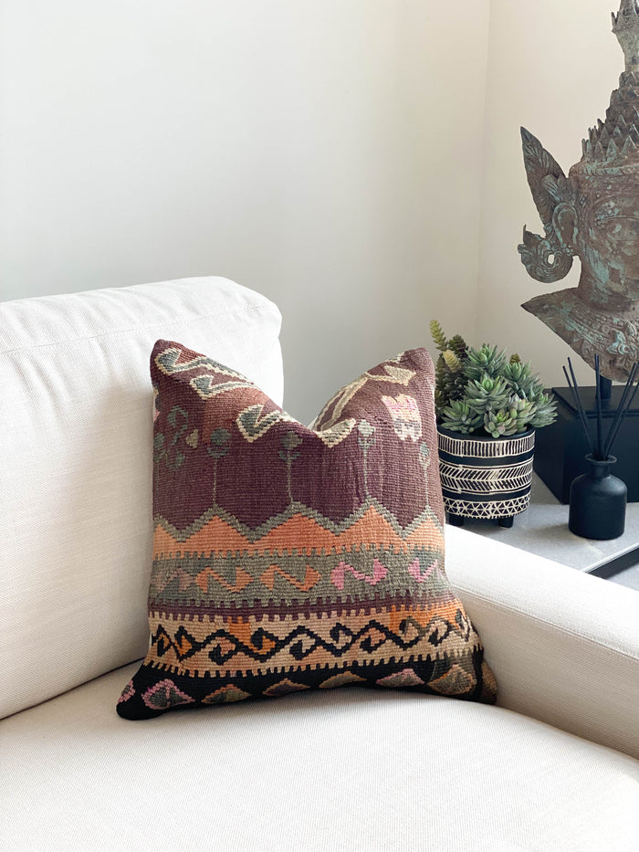 Handmade traditional Turkish kilim pillow cover made with vintage rugs 18x18 green brown orange