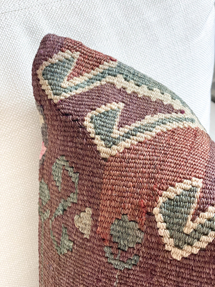 Handmade traditional Turkish kilim pillow cover made with vintage rugs 18x18 green brown orange