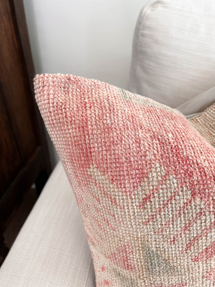 Handmade traditional Turkish oushak pillow cover made with vintage rugs 18x18 pastel