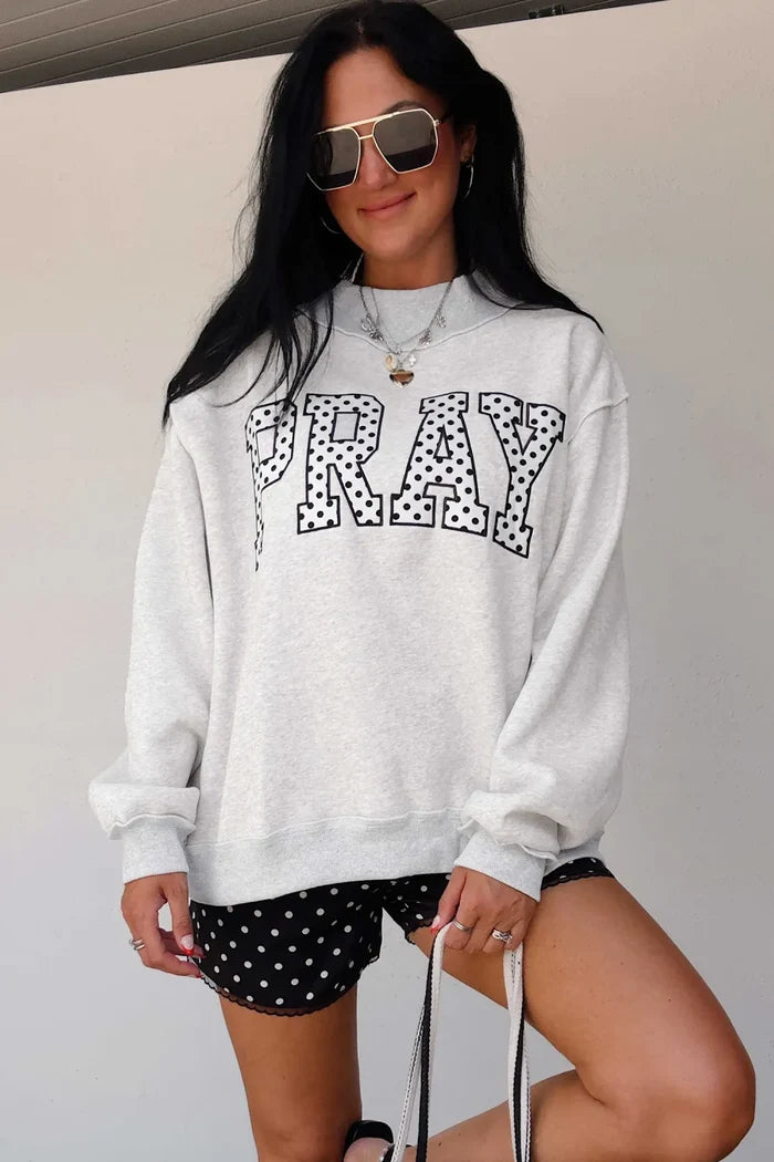 Mock Neck Embroidered Applique PRAY Sweatshirt