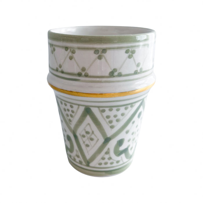 green and gold patterned motif moroccan tea cup