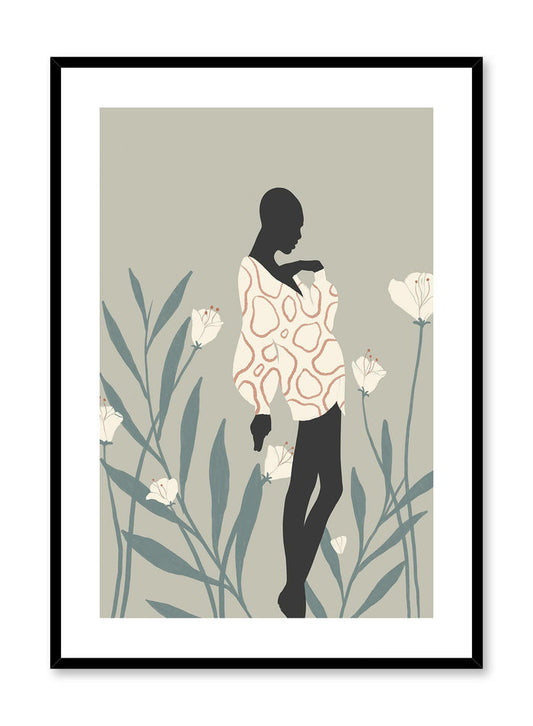 Mudiwa is a minimalist illustration of a beautiful woman wearing a white dress blending in with the white tall flowers in the background by Opposite Wall.