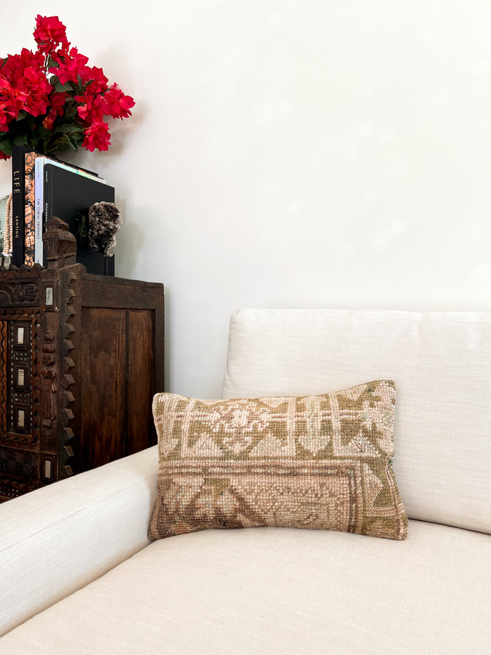 Handmade traditional Turkish oushak pillow cover made with vintage rugs 12x20 olive and cream