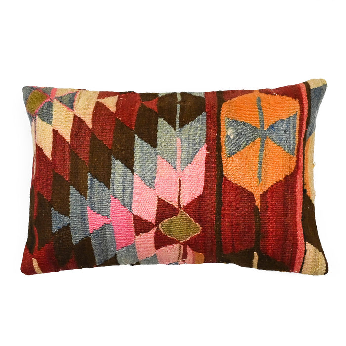 Omaha Handmade traditional Turkish kilim pillow cover made with vintage rugs 16x24 tribal pattern red pink blue