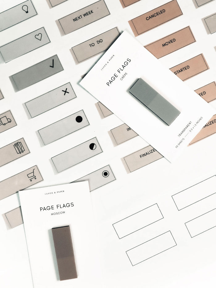 Page Flag Printable | Admin sheet with page flags attached and printed on and page flags on their backings layered over top.