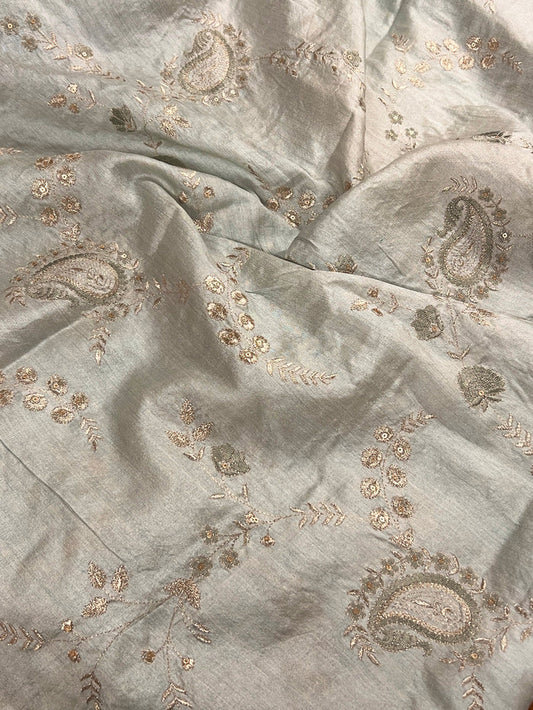 Pale blue embroidered tussar fabric