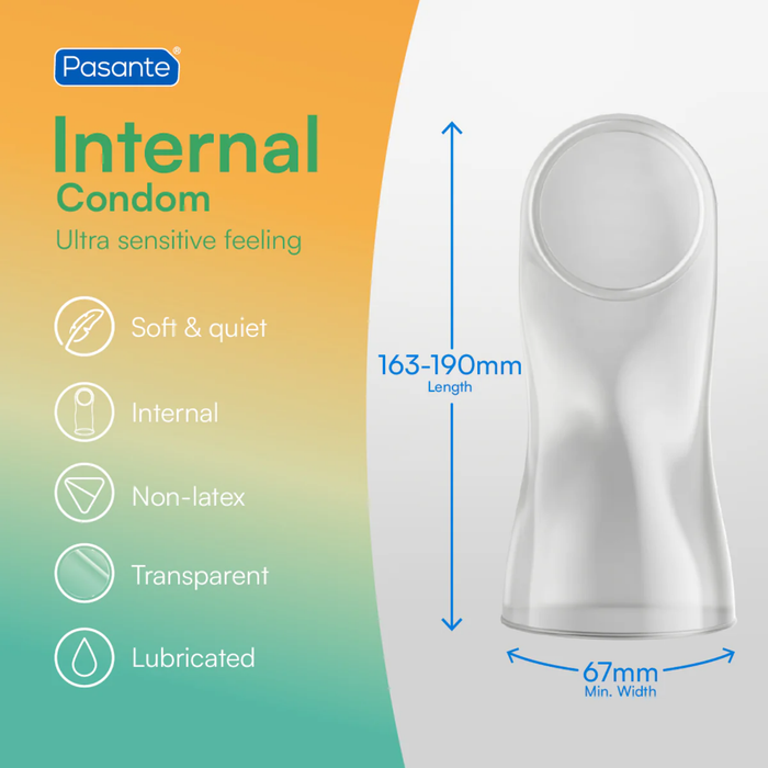 An infographic of Pasante Internal Female Condoms, indicating that it is soft & quiet, internal, non-latex, transparent and lubricated. The size is shown as 163-190mm in length and 67mm in width.