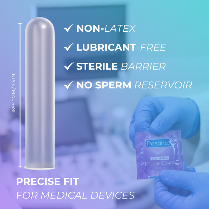 Pasante non-latex sterile probe cover for medical devices – lubricant-free, no sperm reservoir, precise fit for ultrasound and diagnostic equipment.