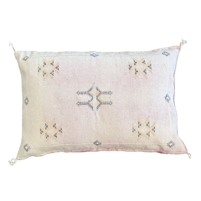 Artisanal Handmade Moroccan embroidered cactus silk sabra lumbar pillow light pink handwoven