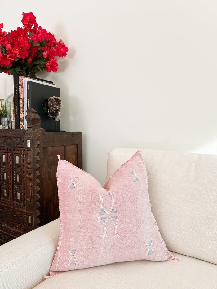 Artisanal Handmade Moroccan embroidered cactus silk sabra pillow pink handwoven