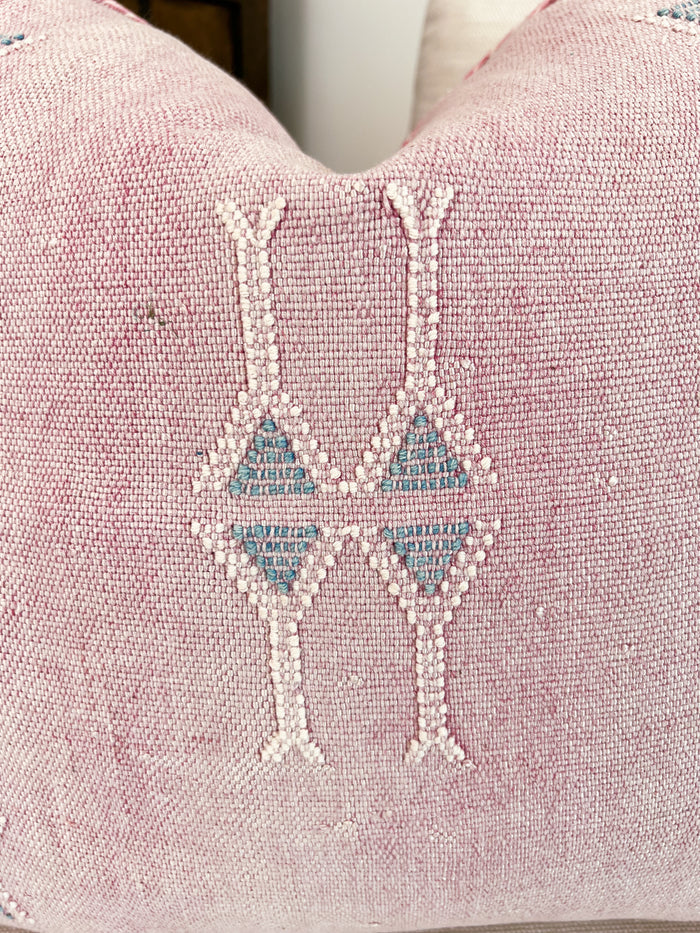 Artisanal Handmade Moroccan embroidered cactus silk sabra pillow pink handwoven