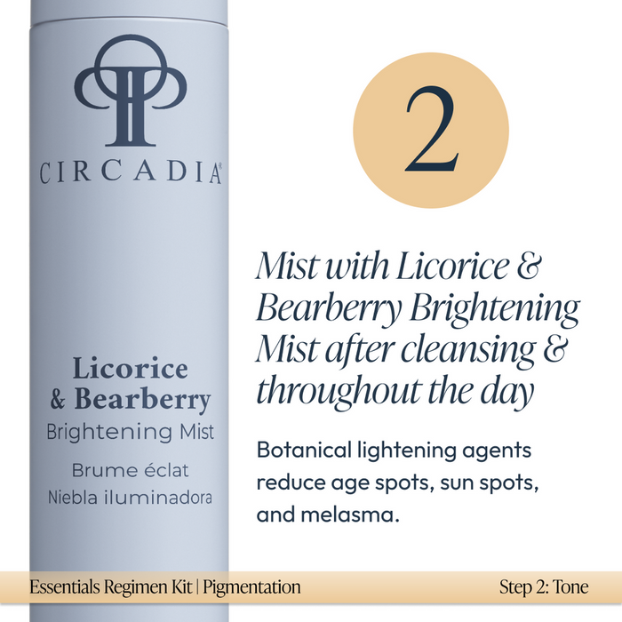 Close-up of a blue bottle of Licorice & Bearberry Brightening Mist from the Pigmentation Essentials Regimen Kit | Circadia, highlighting its use for reducing age spots and brightening skin tone.