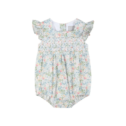 Pink Floral Print Smocked Futter Romper