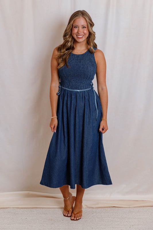 Denim Polka Dot Midi Dress- Women's Smocked Blue Midi Dress- Sleeveless Denim Dress With Ribbon Ties