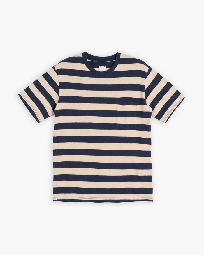 Pocket T Stripe Cotton Linen India Blue/Wheat