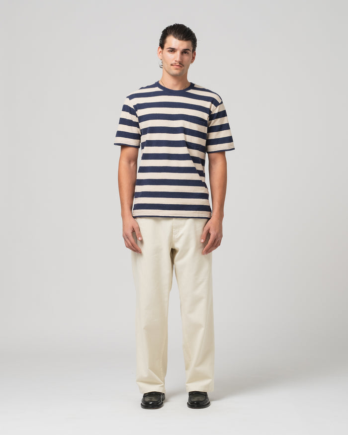 Pocket T Stripe Cotton Linen India Blue/Wheat