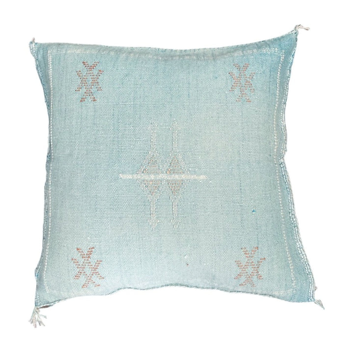 Artisanal Handmade Moroccan embroidered cactus silk sabra pillow handwoven blue turquoise aqua