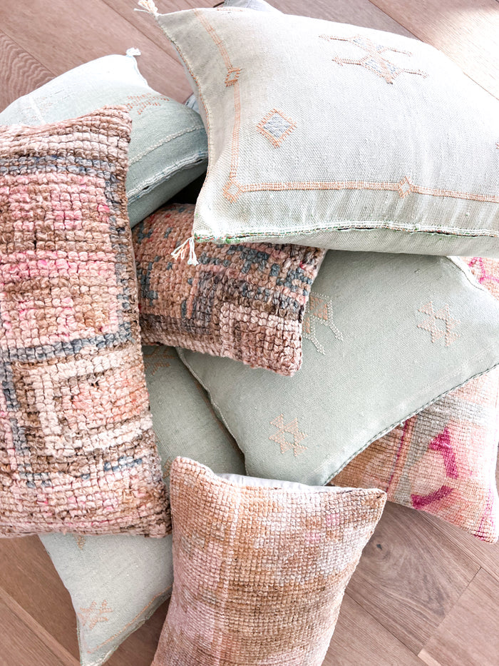 Artisanal Handmade Moroccan embroidered cactus silk sabra pillow handwoven blue turquoise aqua