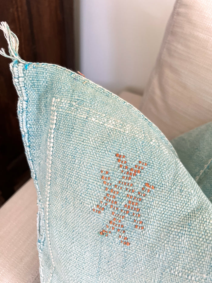 Artisanal Handmade Moroccan embroidered cactus silk sabra pillow handwoven blue turquoise aqua