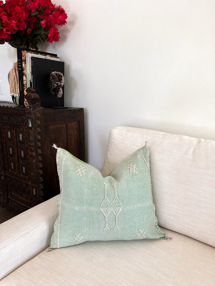 Artisanal Handmade Moroccan embroidered cactus silk sabra pillow handwoven blue turquoise aqua