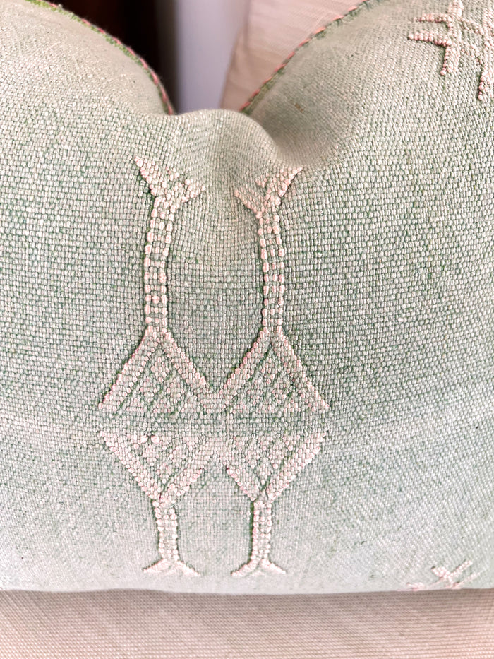 Artisanal Handmade Moroccan embroidered cactus silk sabra pillow handwoven blue turquoise aqua