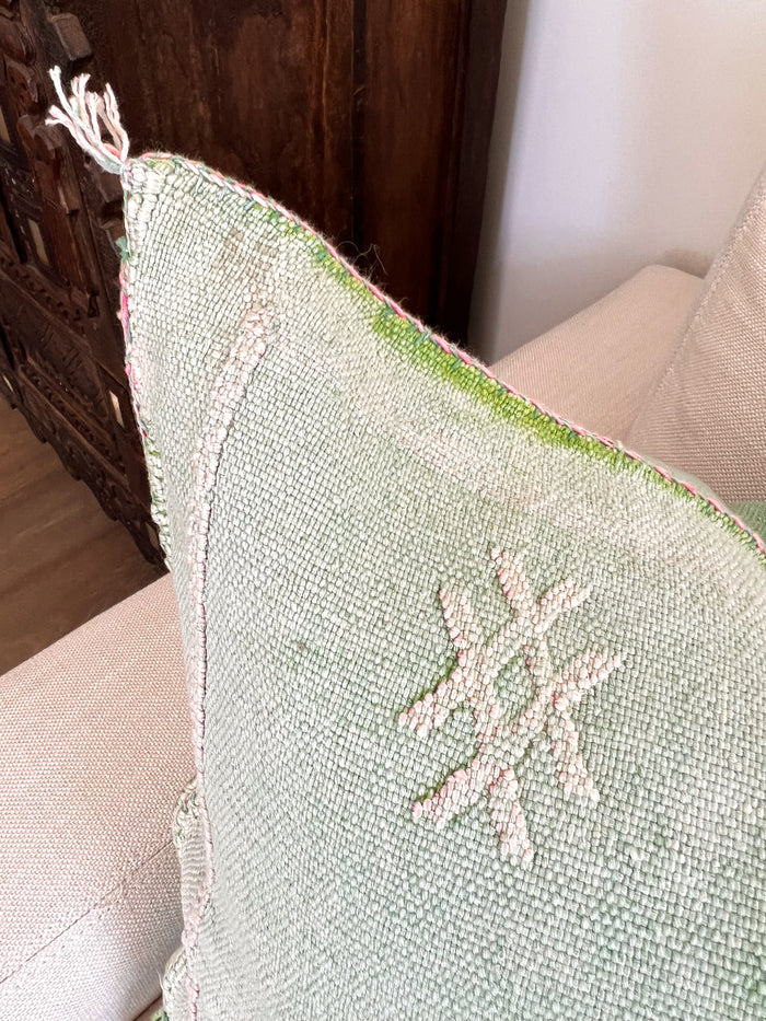 Artisanal Handmade Moroccan embroidered cactus silk sabra pillow handwoven blue turquoise aqua